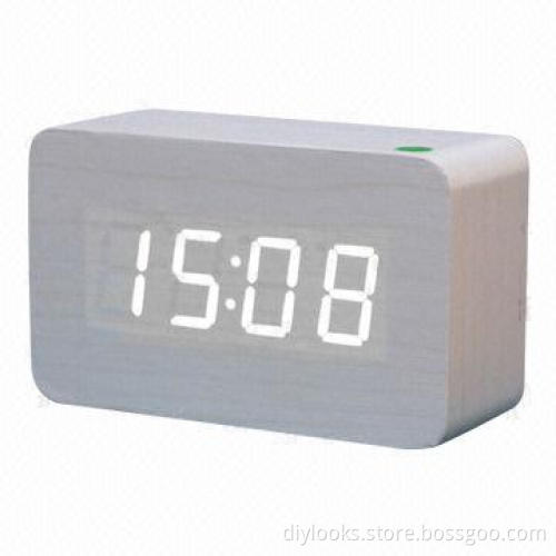 White Number USB/Battery Wooden Clock with Voice Control, Alternately Display Time/Month Temperature